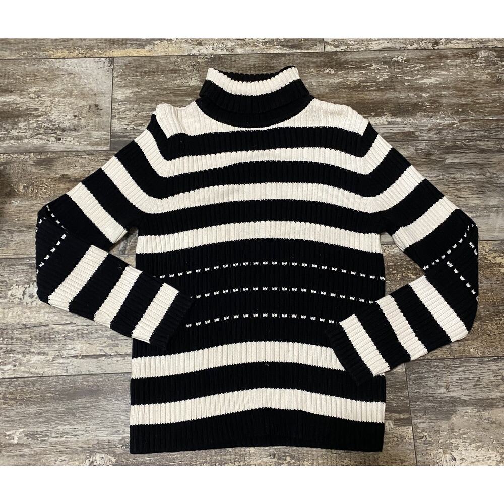Vintage 90's Liz Sport Sweater Womens Size L Black Cream Striped Turtleneck